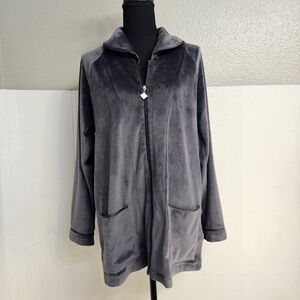 Eileen West Charcoal Gray Lux Velour Long Sleeve Zip Robe Sz S/M Soft Cozy W0503